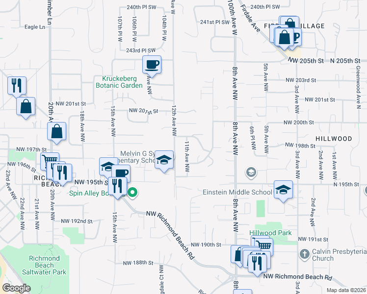 map of restaurants, bars, coffee shops, grocery stores, and more near 19811 11th Avenue Northwest in Shoreline