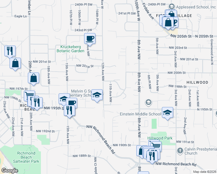 map of restaurants, bars, coffee shops, grocery stores, and more near 19811 11th Avenue Northwest in Shoreline