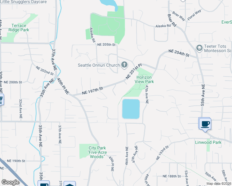 map of restaurants, bars, coffee shops, grocery stores, and more near 19616 44th Place Northeast in Lake Forest Park