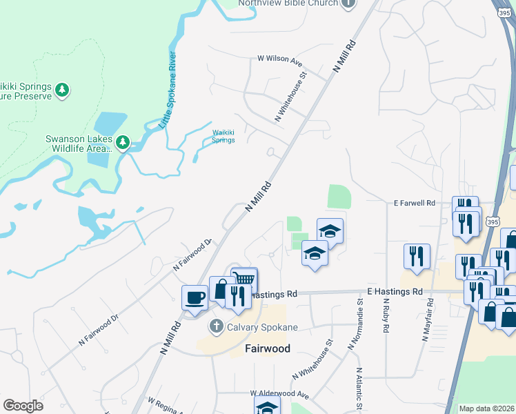 map of restaurants, bars, coffee shops, grocery stores, and more near 12710 North Mill Road in Spokane
