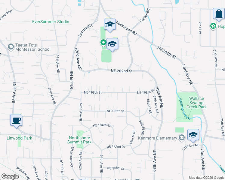 map of restaurants, bars, coffee shops, grocery stores, and more near 19820 64th Avenue Northeast in Kenmore
