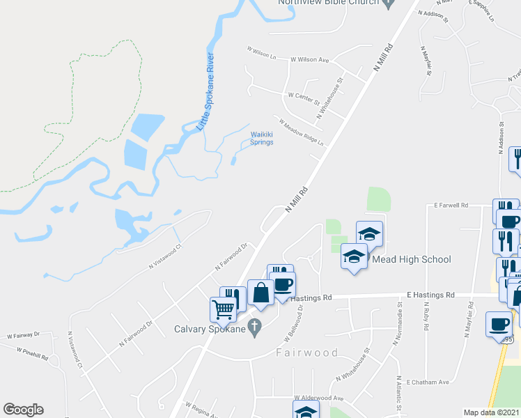 map of restaurants, bars, coffee shops, grocery stores, and more near 12711 North Mill Road in Spokane