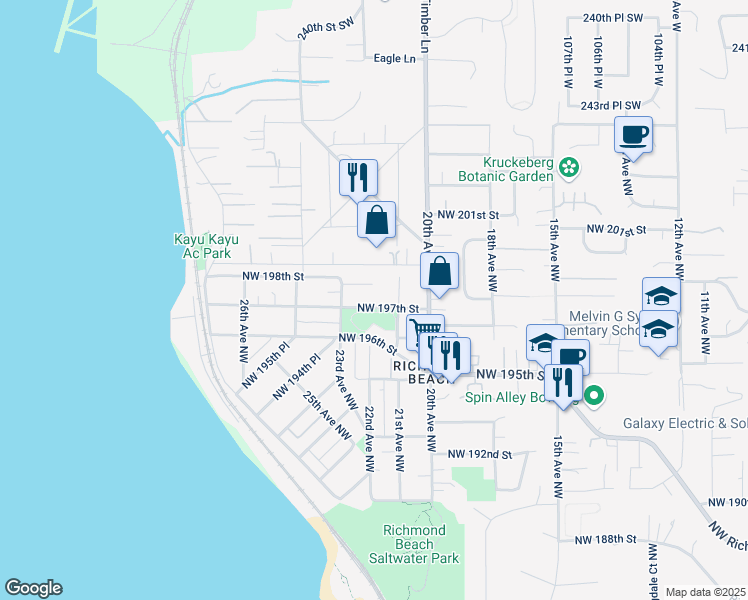 map of restaurants, bars, coffee shops, grocery stores, and more near 2120 Northwest 198th Street in Shoreline