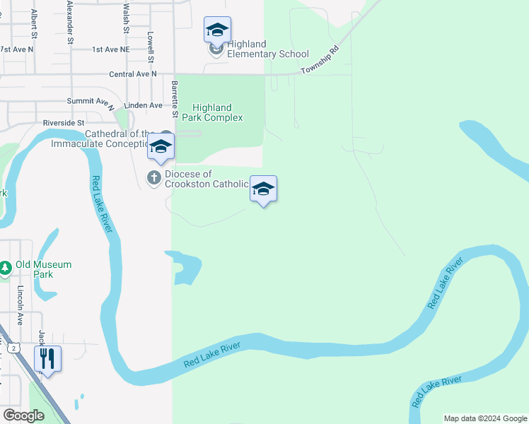 map of restaurants, bars, coffee shops, grocery stores, and more near in Crookston