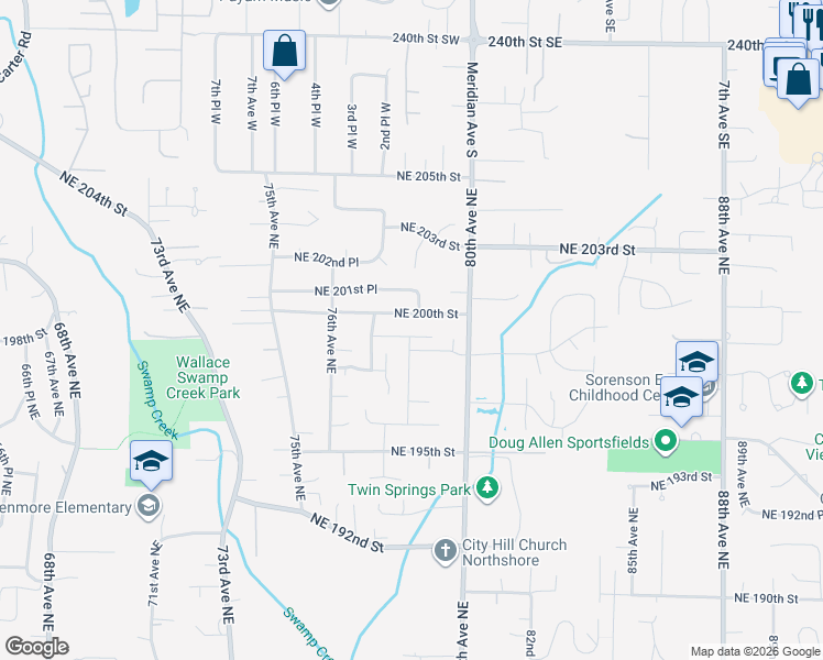 map of restaurants, bars, coffee shops, grocery stores, and more near 7802 Northeast 199th Street in Kenmore