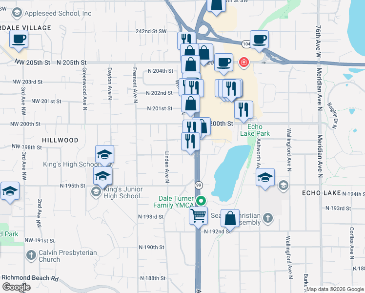 map of restaurants, bars, coffee shops, grocery stores, and more near 924 North 199th Street in Shoreline