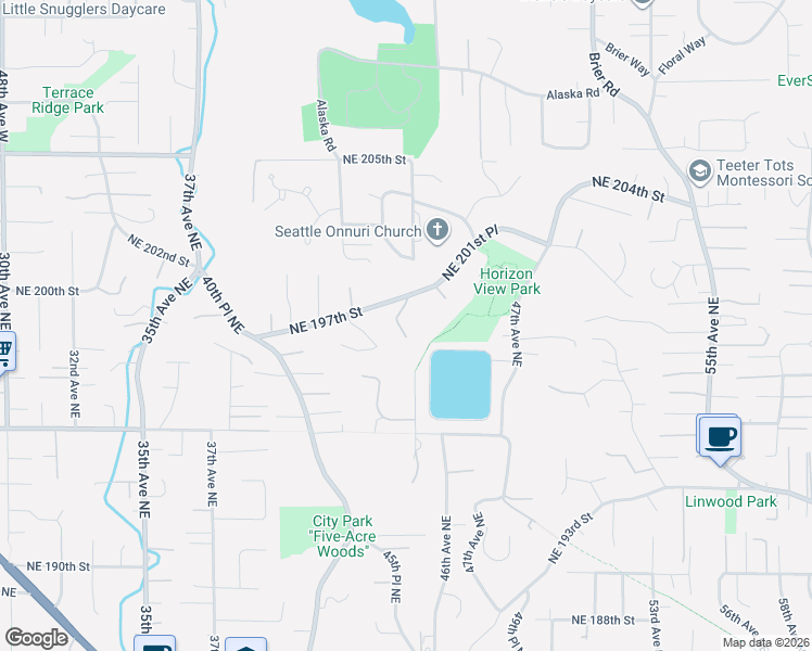 map of restaurants, bars, coffee shops, grocery stores, and more near 19616 44th Place Northeast in Lake Forest Park