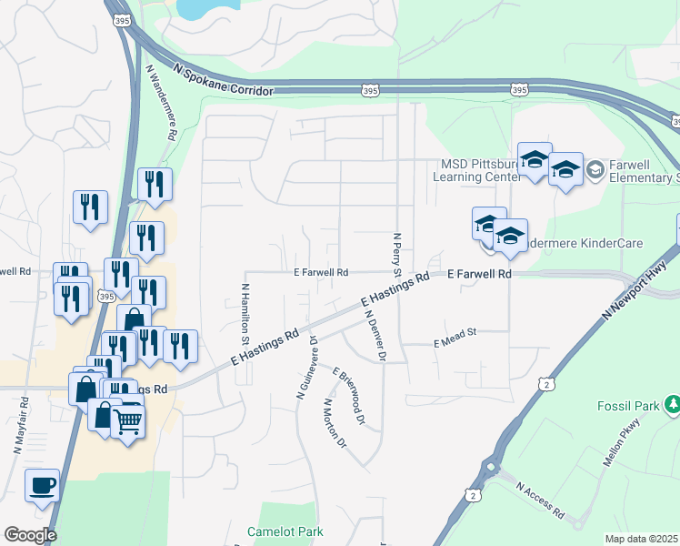 map of restaurants, bars, coffee shops, grocery stores, and more near 1200 East Farwell Road in Spokane