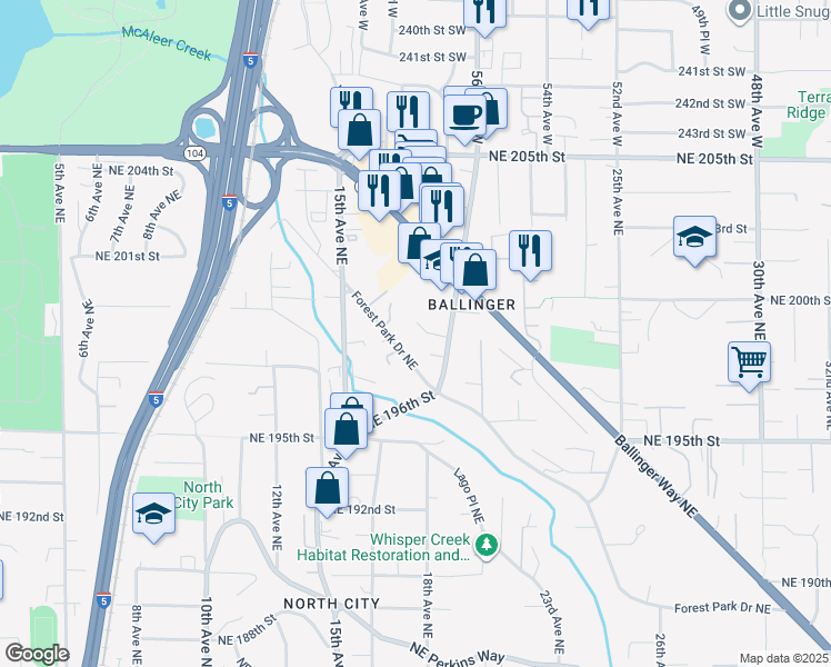 map of restaurants, bars, coffee shops, grocery stores, and more near 1619 Northeast 199th Place in Shoreline