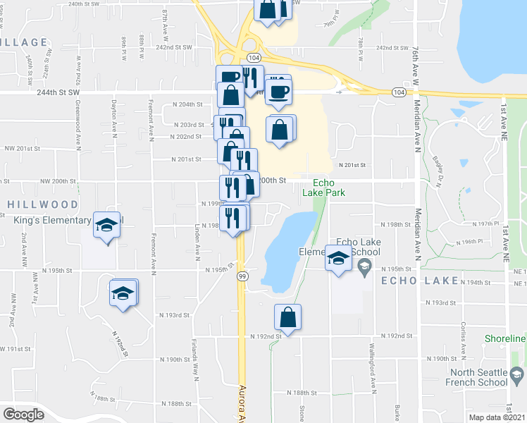 map of restaurants, bars, coffee shops, grocery stores, and more near 1126 North 199th Street in Shoreline