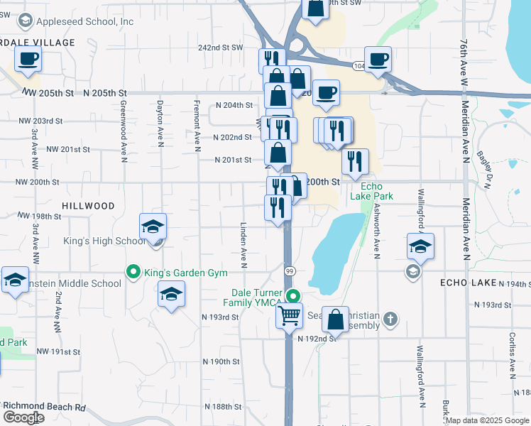map of restaurants, bars, coffee shops, grocery stores, and more near 19821 Whitman Place North in Shoreline