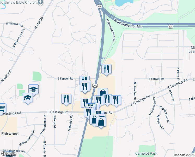 map of restaurants, bars, coffee shops, grocery stores, and more near 18108 North Division Street in Spokane