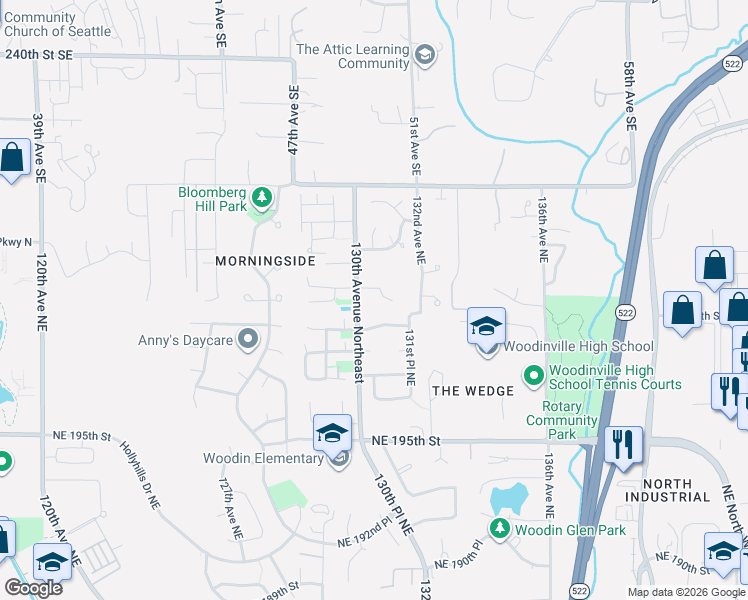 map of restaurants, bars, coffee shops, grocery stores, and more near 13045 Northeast 201st Street in Woodinville