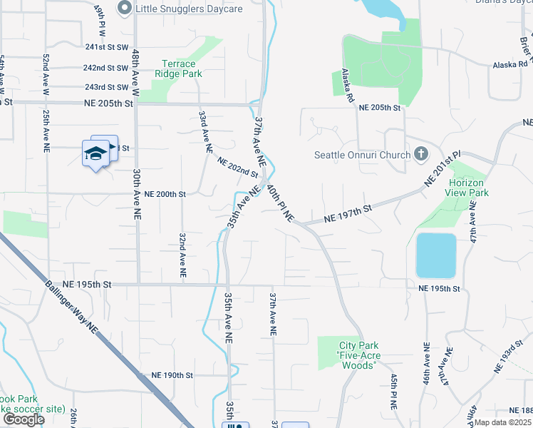 map of restaurants, bars, coffee shops, grocery stores, and more near 3936 Northeast 199th Street in Lake Forest Park