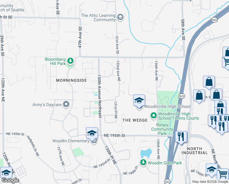 map of restaurants, bars, coffee shops, grocery stores, and more near 20070 130th Court Northeast in Woodinville