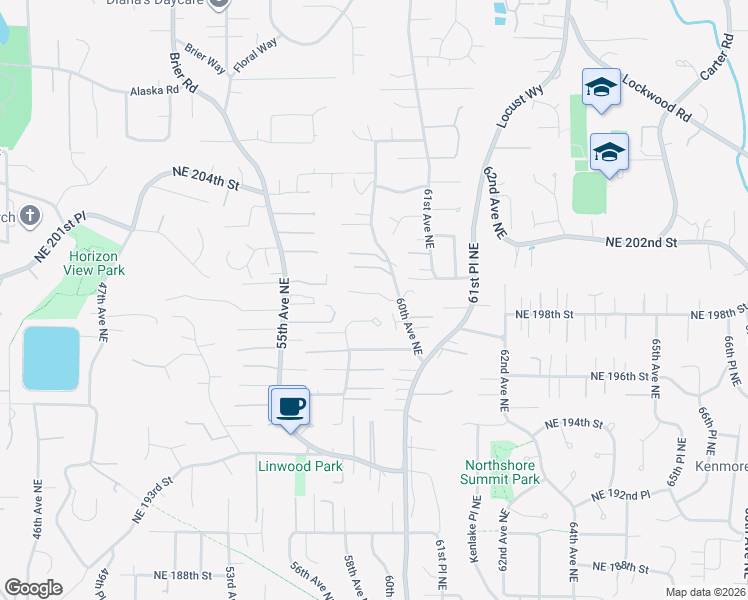 map of restaurants, bars, coffee shops, grocery stores, and more near 5925 Northeast 199th Street in Kenmore