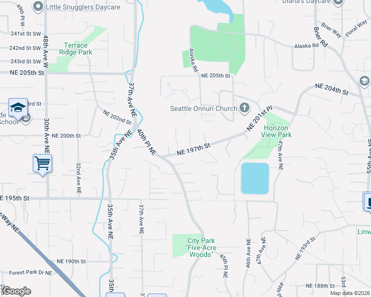 map of restaurants, bars, coffee shops, grocery stores, and more near 4050 Northeast 197th Street in Lake Forest Park