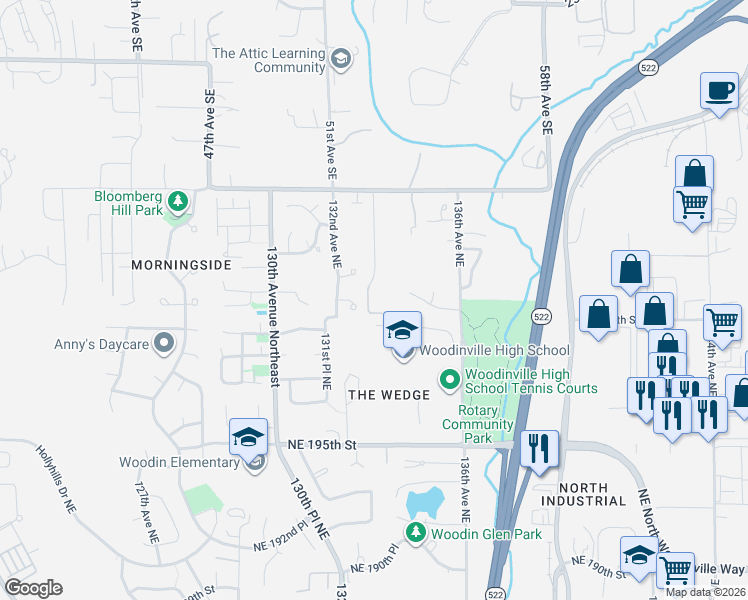 map of restaurants, bars, coffee shops, grocery stores, and more near 20004 134th Court Northeast in Woodinville