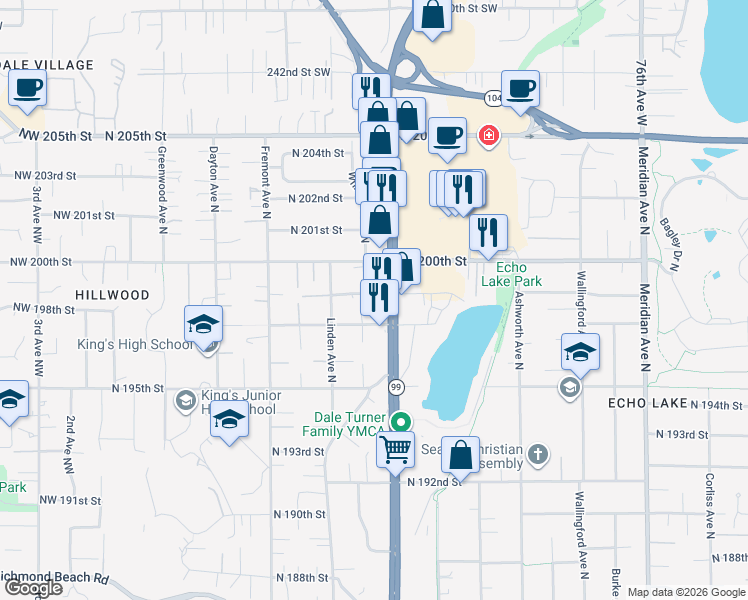 map of restaurants, bars, coffee shops, grocery stores, and more near 924 North 199th Street in Shoreline