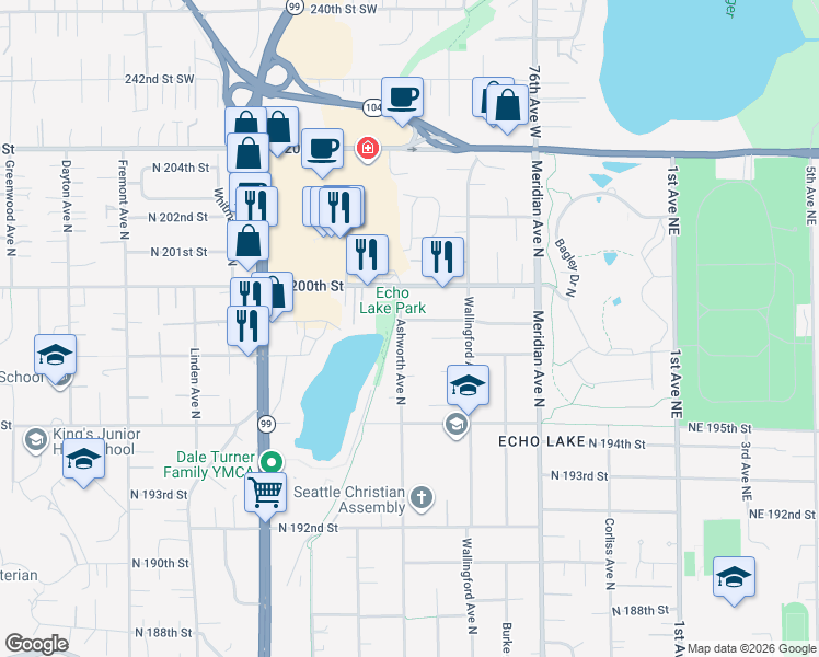 map of restaurants, bars, coffee shops, grocery stores, and more near 1610 North 199th Street in Shoreline
