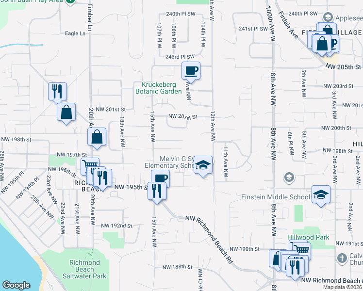 map of restaurants, bars, coffee shops, grocery stores, and more near 1402 Northwest 198th Place in Shoreline