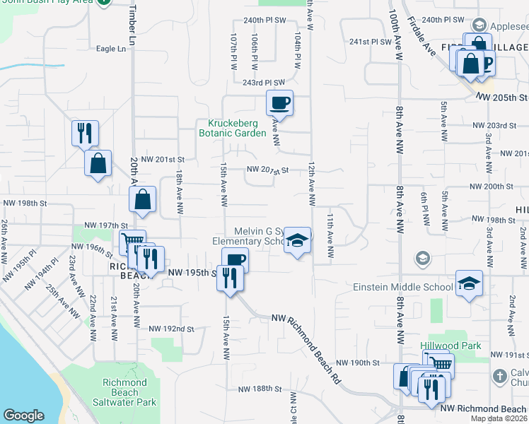 map of restaurants, bars, coffee shops, grocery stores, and more near 1402 Northwest 198th Place in Shoreline