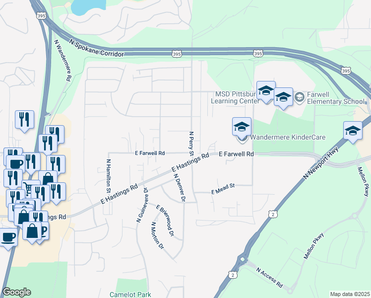 map of restaurants, bars, coffee shops, grocery stores, and more near 12703 North Perry Street in Spokane