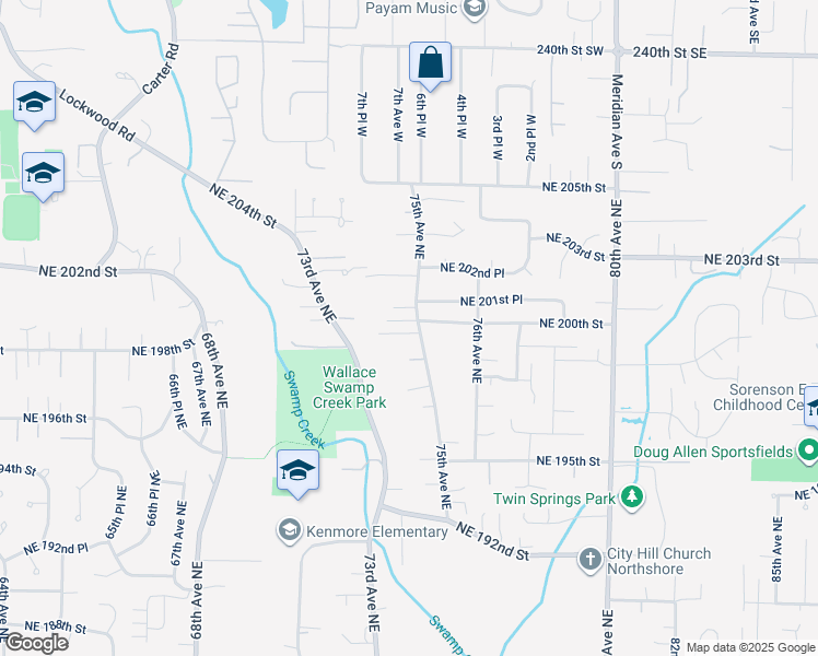 map of restaurants, bars, coffee shops, grocery stores, and more near 7429 Northeast 200th Street in Kenmore
