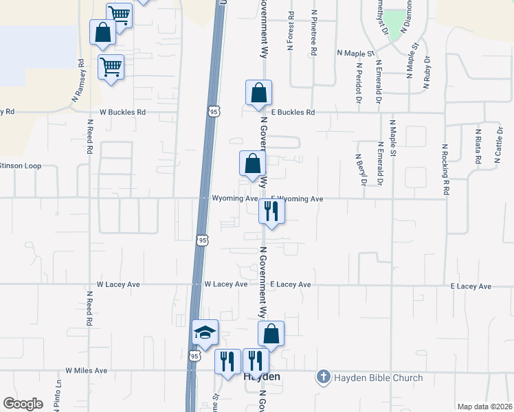 map of restaurants, bars, coffee shops, grocery stores, and more near 11167 North Government Way in Hayden