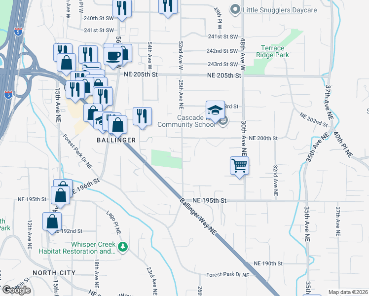 map of restaurants, bars, coffee shops, grocery stores, and more near 19840 25th Avenue Northeast in Shoreline