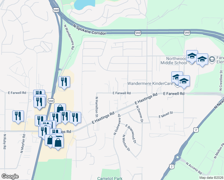 map of restaurants, bars, coffee shops, grocery stores, and more near 1007 East Farwell Road in Spokane