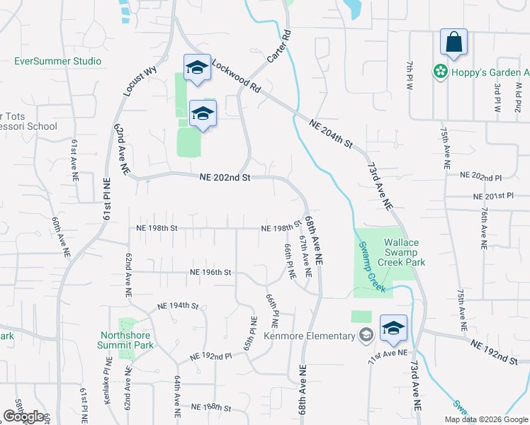 map of restaurants, bars, coffee shops, grocery stores, and more near 6534 Northeast 198th Street in Kenmore