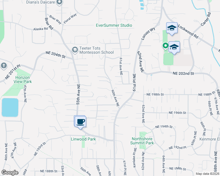 map of restaurants, bars, coffee shops, grocery stores, and more near 5930 Northeast 199th Street in Kenmore