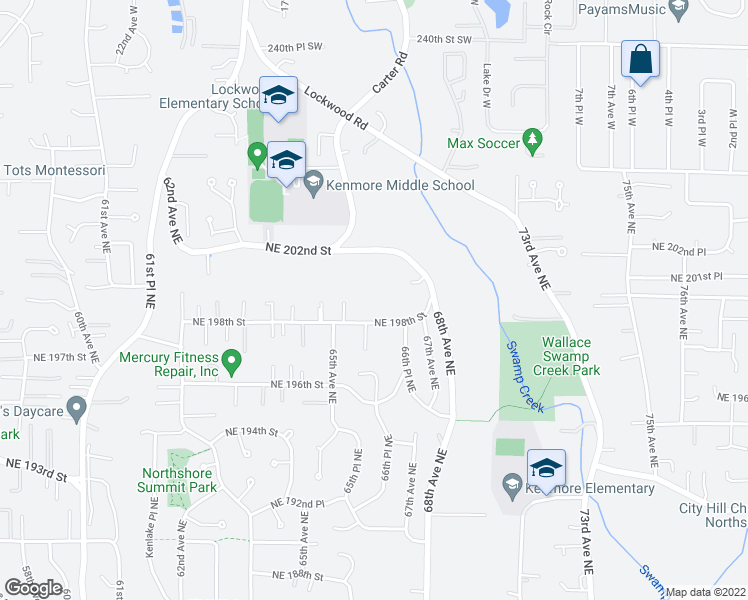 map of restaurants, bars, coffee shops, grocery stores, and more near 6534 Northeast 198th Street in Kenmore