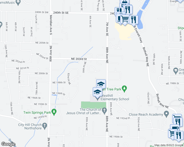 map of restaurants, bars, coffee shops, grocery stores, and more near 8523 Northeast 201st Place in Bothell