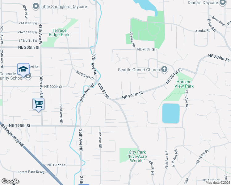 map of restaurants, bars, coffee shops, grocery stores, and more near 4012 Northeast 197th Street in Lake Forest Park
