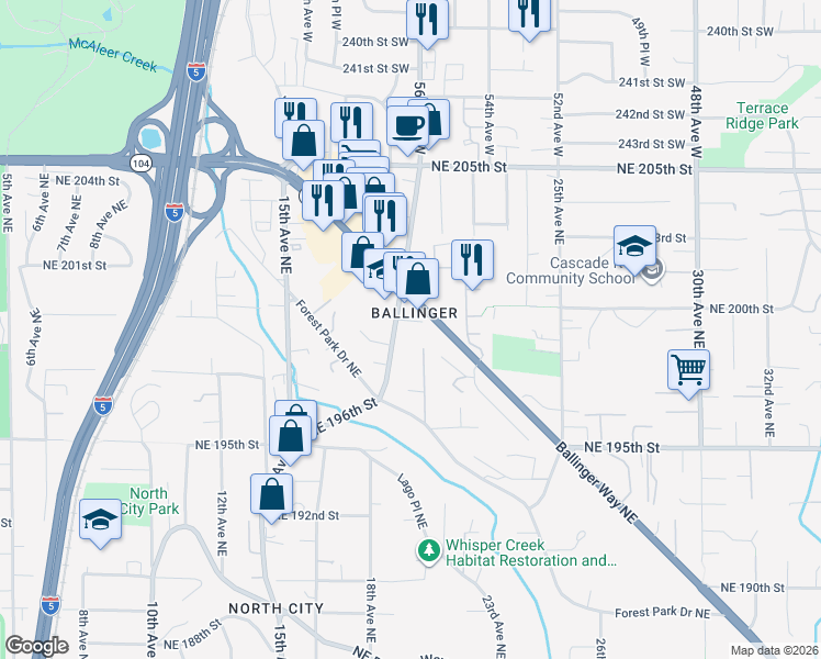 map of restaurants, bars, coffee shops, grocery stores, and more near 19916 19th Avenue Northeast in Shoreline