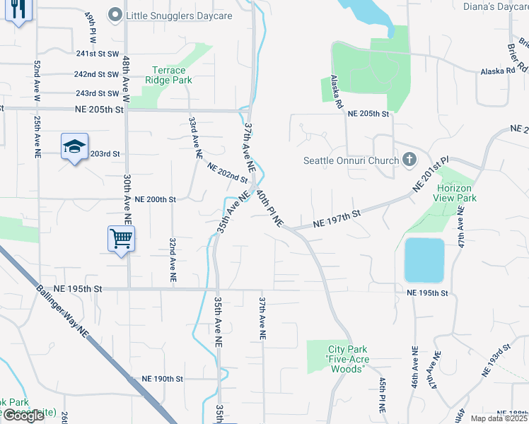 map of restaurants, bars, coffee shops, grocery stores, and more near 3936 Northeast 199th Street in Lake Forest Park
