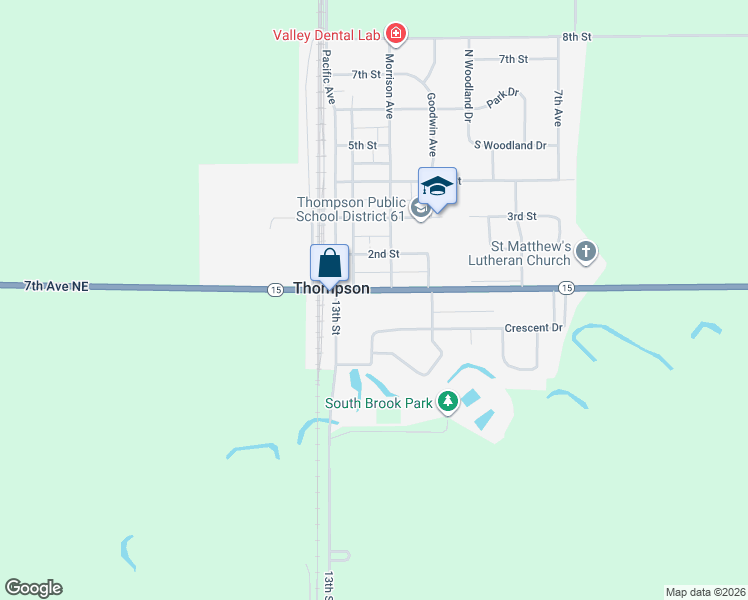 map of restaurants, bars, coffee shops, grocery stores, and more near 320 7th Avenue Northeast in Thompson