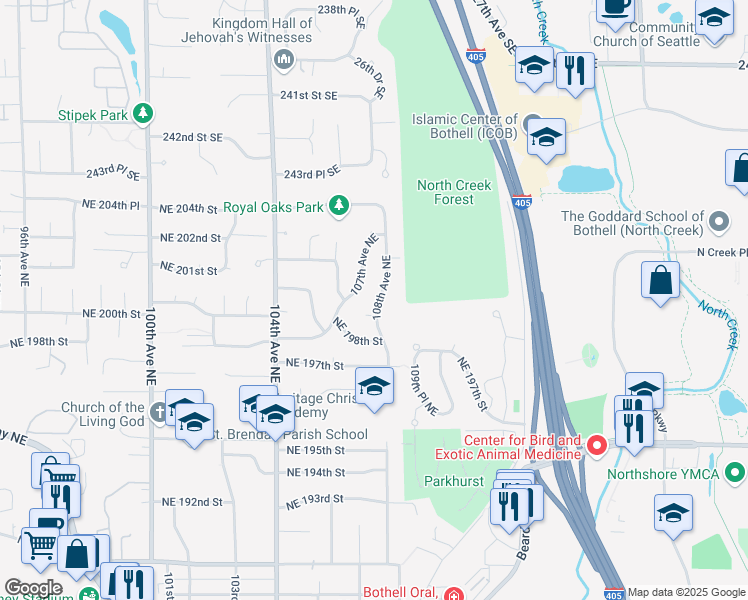 map of restaurants, bars, coffee shops, grocery stores, and more near 20015 108th Avenue Northeast in Bothell