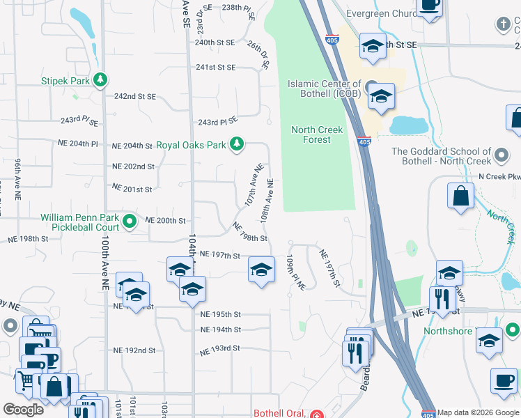 map of restaurants, bars, coffee shops, grocery stores, and more near 20015 108th Avenue Northeast in Bothell