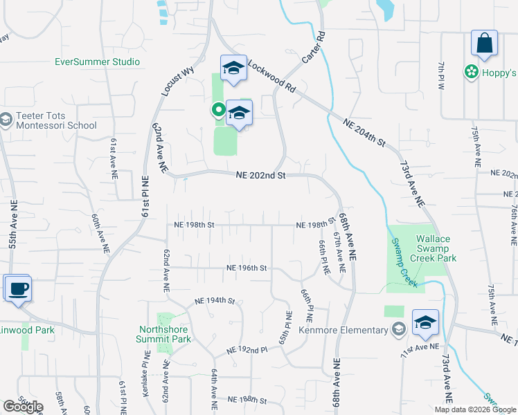 map of restaurants, bars, coffee shops, grocery stores, and more near 6454 Northeast 198th Street in Kenmore