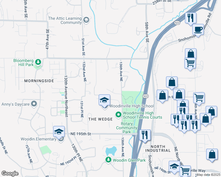 map of restaurants, bars, coffee shops, grocery stores, and more near 20019 135th Avenue Northeast in Woodinville