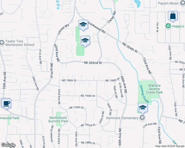 map of restaurants, bars, coffee shops, grocery stores, and more near 6454 Northeast 198th Street in Kenmore