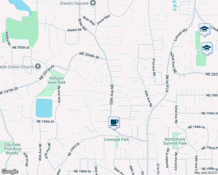 map of restaurants, bars, coffee shops, grocery stores, and more near 19837 55th Avenue Northeast in Lake Forest Park