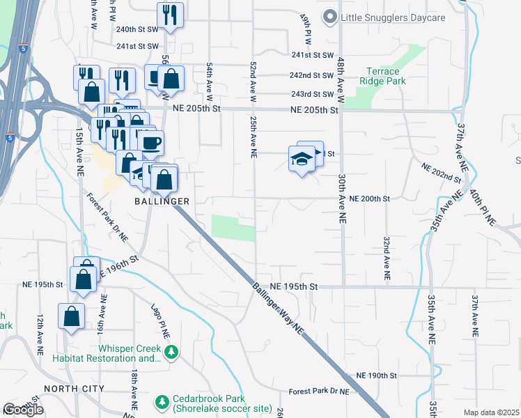 map of restaurants, bars, coffee shops, grocery stores, and more near 19854 25th Avenue Northeast in Shoreline