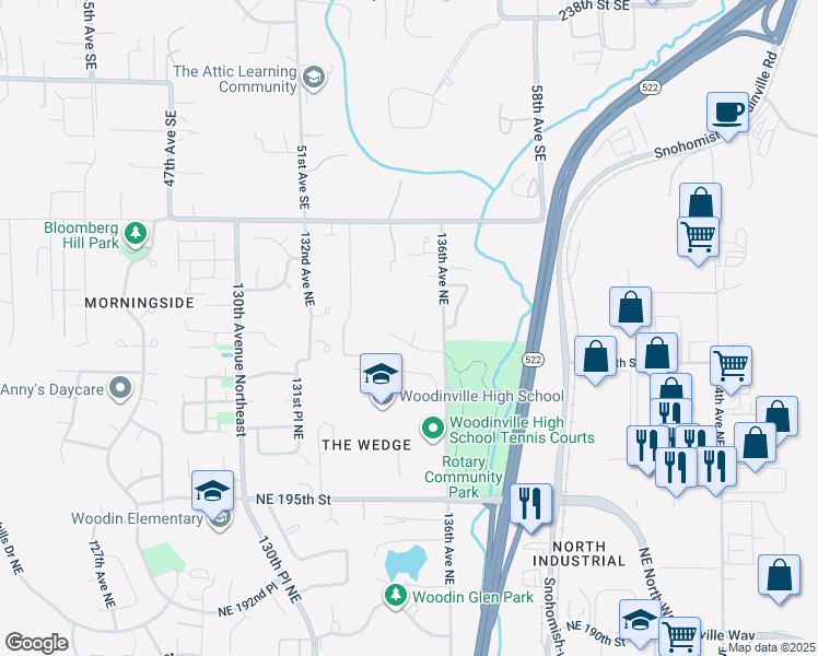 map of restaurants, bars, coffee shops, grocery stores, and more near 20019 135th Avenue Northeast in Woodinville