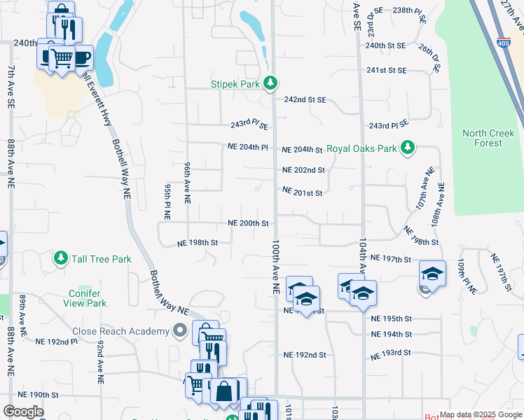 map of restaurants, bars, coffee shops, grocery stores, and more near 20016 99th Place Northeast in Bothell
