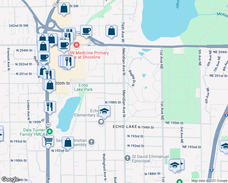 map of restaurants, bars, coffee shops, grocery stores, and more near 1826 North 199th Street in Shoreline
