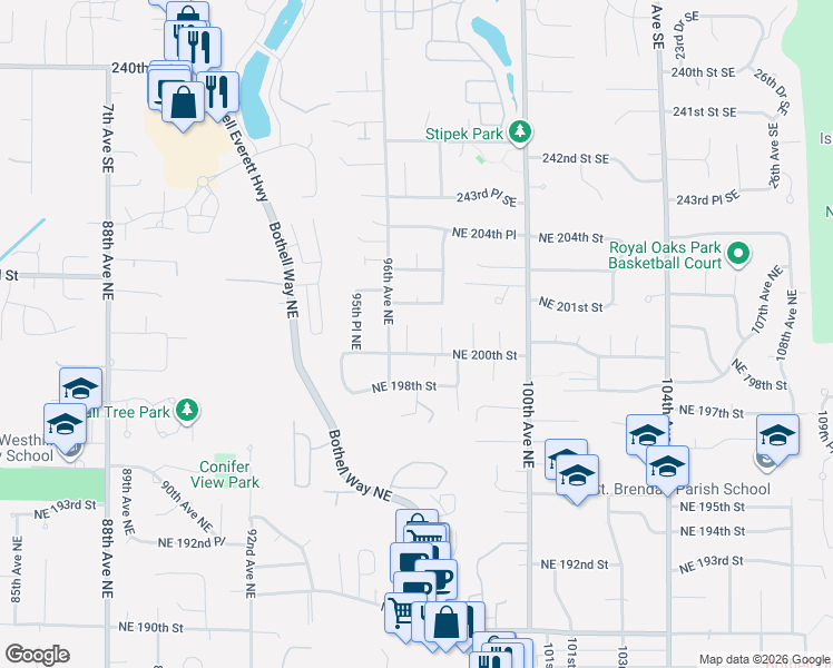 map of restaurants, bars, coffee shops, grocery stores, and more near 9628 Northeast 200th Street in Bothell